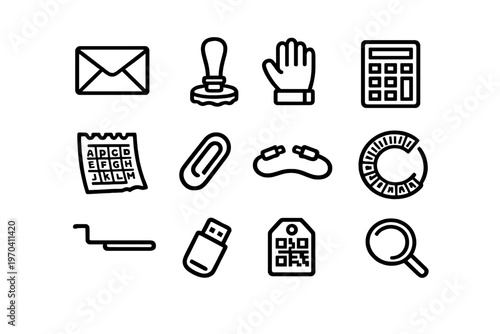 Set of and technology line icons including envelope calculator magnifying glass and usb drive on white background