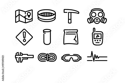 Collection of geology and mining exploration equipment icons including map pickaxe gas mask and seismograph for scientific research