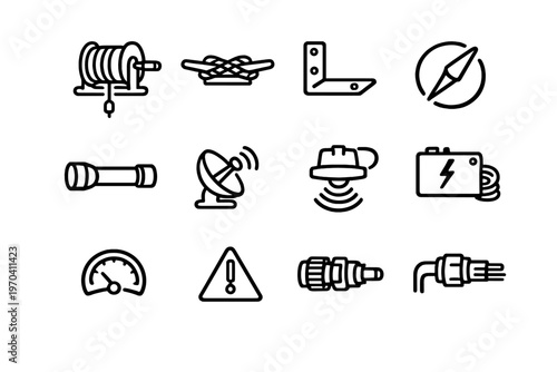 Nautical and marine equipment line icons including compass radar sonar flashlight battery and winch for maritime navigation and safety