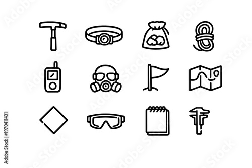 Set of minimalist line icons representing mining and geology exploration equipment including pickaxe gas mask and map