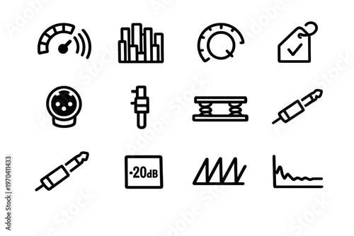 Set of professional audio engineering and sound production line icons featuring faders knobs connectors and frequency waves for music studio