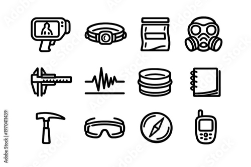 Scientific research and field exploration equipment icons including gas mask compass and thermal camera on white background