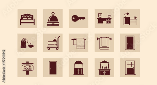 Hotel and Accommodation Services Icon Set Featuring Essential Guest Amenities