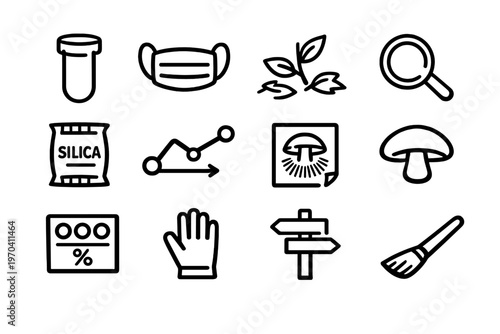 Set of laboratory and research icons featuring scientific equipment and nature elements for chemical analysis and environmental studies