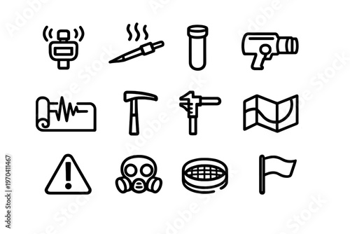 Collection of scientific research equipment and field exploration tools in a minimalist black line art style for laboratory and geology