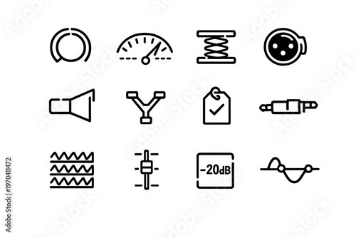 Professional audio equipment and sound engineering line icons including faders, waveforms, connectors