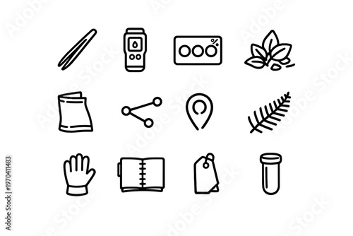 Set of medical and laboratory equipment icons including tweezers pills leaves test tube and notebook for healthcare and science research