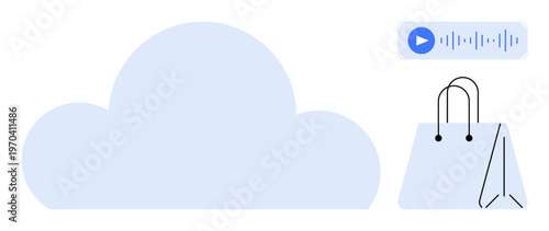 Cloud technology, online shopping, audio services, data storage, digital platforms, internet services. Cloud icon, shopping bag streaming button. Cloud technology and online shopping concept