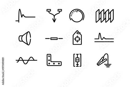 Electronic engineering and physics symbols including wave signals grounding clamp and circuit components on white background