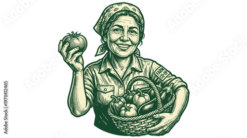 Vintage style illustration of a smiling farm woman with basket of fresh produce