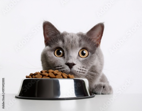 grey cat peeps out of the corner animal emotions looks at bowl of food on a white background concept copy space