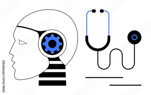 Artificial intelligence, healthcare technology, diagnostics, robotics, innovation, futuristic healthcare. Head with a gear and stethoscope. Artificial intelligence and healthcare technology concept