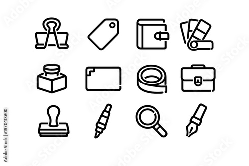 Collection of minimalist and stationery line icons including binder clip price tag wallet color swatches inkwell briefcase and pen