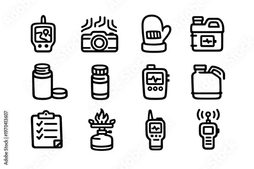 Set of outdoor survival equipment icons including camping stove radio first aid kit gps navigator camera and hiking gear on white background