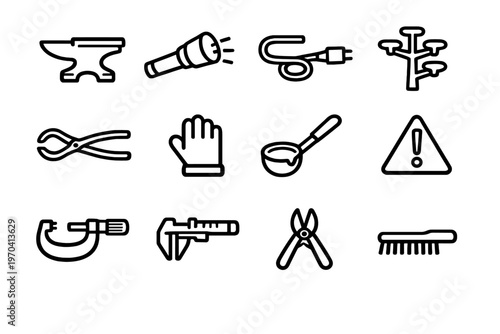 Set of industrial workshop and metalworking tool icons including anvil pliers caliper and micrometer on white background