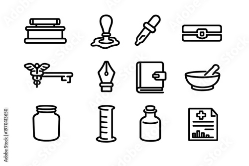 Set of vintage pharmacy and apothecary line icons including mortar pestle medicine bottle dropper and medical report document