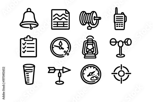 Black line icons of nautical and meteorological equipment including bell lantern walkie talkie and weather instruments