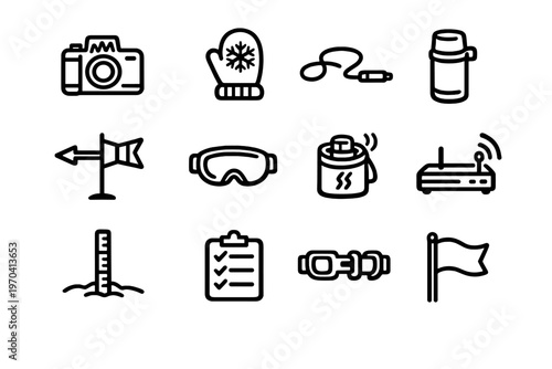 Outdoor winter activity icons including camera mitten thermos goggles and checklist for hiking and skiing equipment