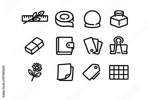 Set of minimalist stationery and supply icons including ruler eraser notebook binder clip and paper on white background