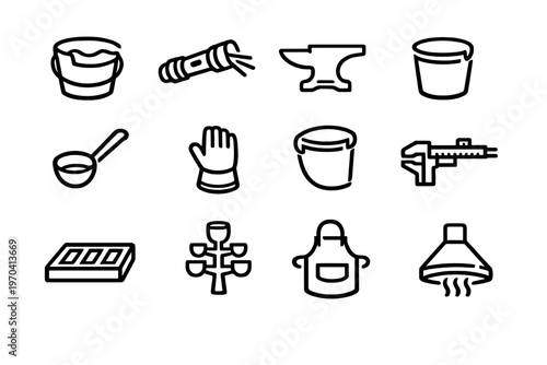 Set of industrial metalworking and foundry equipment icons including anvil ladle glove and caliper for manufacturing design