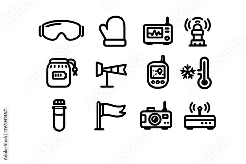Winter sports and outdoor adventure equipment icons with goggles mitten radio beacon windsock thermometer and camera