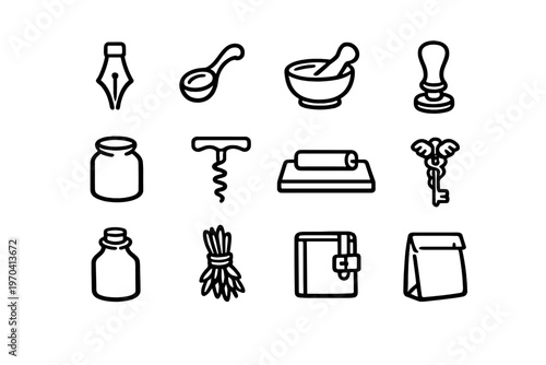 Collection of vintage apothecary and kitchen icons including mortar pestle jar bottle corkscrew and fountain pen nib on white background