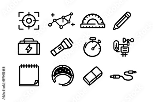 Set of black and white line icons representing scientific tools and equipment including a stopwatch pencil protractor and flashlight