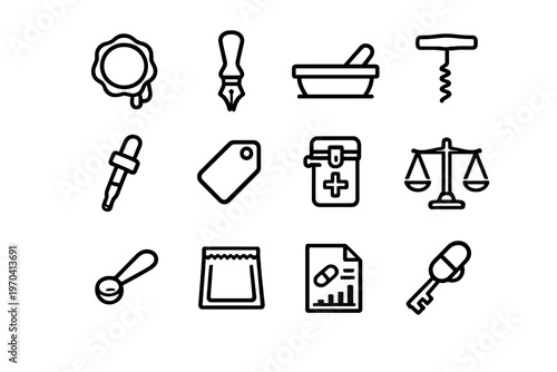 Pharmacy and laboratory line icons including mortar pestle scales dropper medicine box and fountain pen nib on white background
