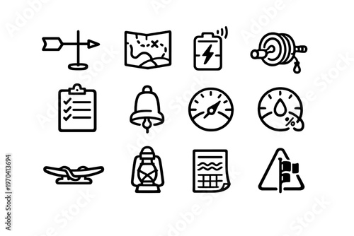 Nautical and adventure line icons set featuring map lantern bell compass fishing gear and weather vane on white background