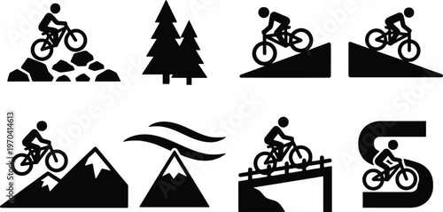Mountain biking trail icons a collection of black silhouette graphics for outdoor adventure