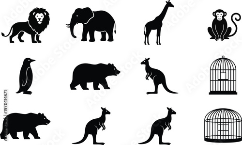 Black silhouette icons of diverse animals and habitats