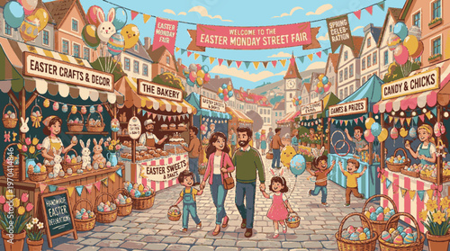 Family of three walking through bustling colorful street market with vibrant banners festive decorations and lively food stalls