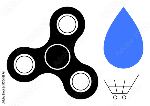 Recreation, mindfulness, e-commerce, creativity, balance, hydration. Black fidget spinner, blue water drop and cart icon on white background. Recreation and mindfulness concepts