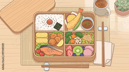 A traditional Japanese bento box meal with sushi and assorted foods on a wooden table