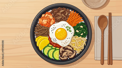 A vibrant illustration of a traditional Korean bibimbap dish on a table with chopsticks