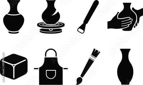 Pottery tools and vessels a black silhouette collection for ceramic arts and crafts