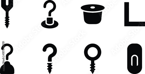 Black silhouette icons of various hooks fasteners and mounting hardware