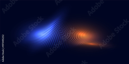 Abstract neon halftone wave pattern, blue and orange glowing dotted mesh on dark background, futuristic digital technology design, vibrant light texture composition