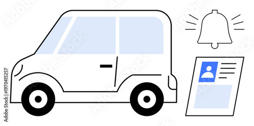 Car safety. Visual ation of car safety with vehicle, alert notification, and driver identification. Car safety for driving regulation, alerts, vehicle security, road safety, and ID verification