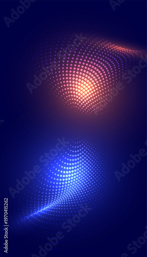Abstract glowing halftone composition, dual color neon dotted waves with gradient light, futuristic digital background, vibrant geometric texture design