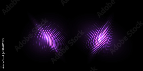 Abstract glowing halftone light pattern, purple neon dotted waves on dark background, futuristic digital technology design, vibrant geometric light texture composition