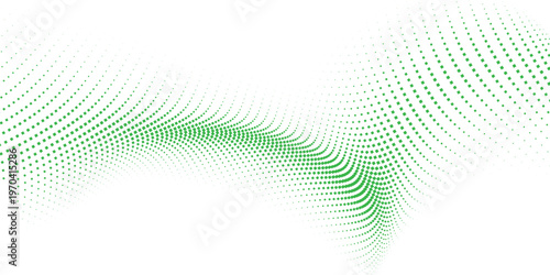 Abstract green halftone wave pattern, dotted mesh forming flowing surface, modern geometric background, minimal digital texture, dynamic data visualization design