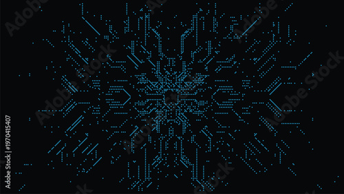 Abstract blue digital network, pixel line connections on black background, futuristic technology data flow visualization, cyber communication system pattern design