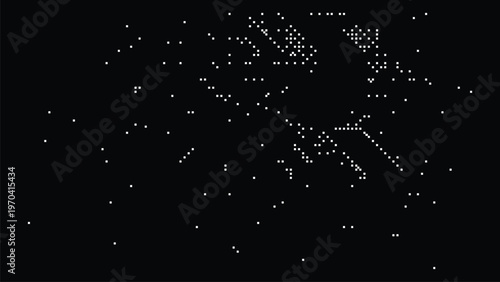 Abstract white pixel network, scattered dots on black background, minimal digital connection pattern, futuristic data visualization, technology inspired particle system design