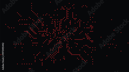 Digital pixel network explosion, red dots on black background, abstract data connection visualization, futuristic cyber technology pattern, dynamic particle communication concept