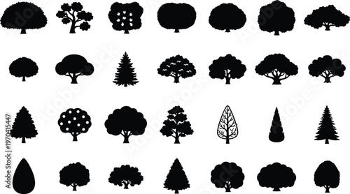 Collection of silhouetted trees a diverse range of tree shapes and forms in black and white