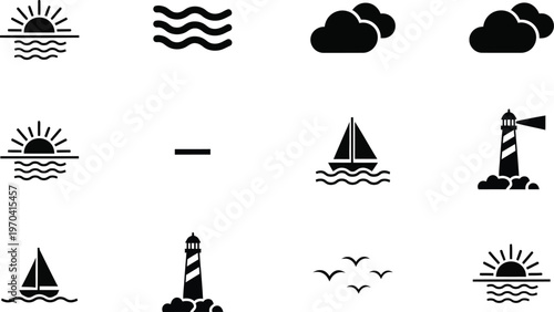 Nautical icons set sun waves clouds boats and lighthouse illustrations