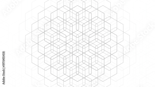 Abstract geometric cube pattern, isometric hexagon grid structure, modern minimal line art background, futuristic architectural lattice design, clean white technology backdrop