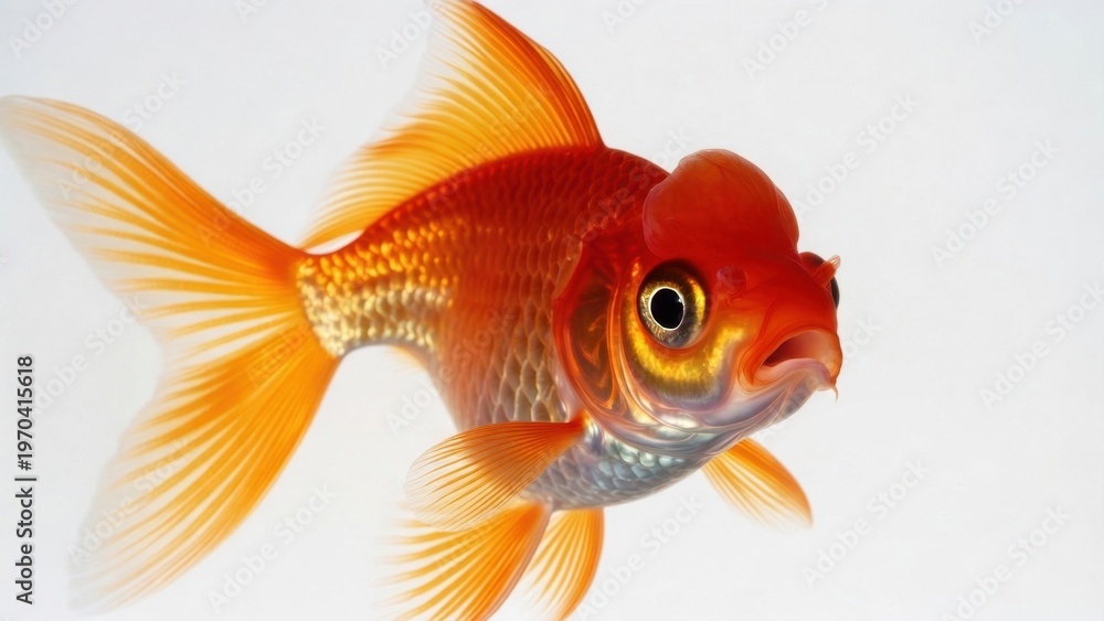 Fototapeta premium Bright orange goldfish closeup on white background for aquarium poster banner and pet wallpaper showcasing glossy scales and flowing fins