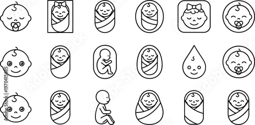 Line art collection of newborn babies in various positions and wrappings